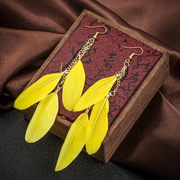 Jewelry earrings feather yellow statement long dangle drop gold tone fashion new - Picture 2 of 5